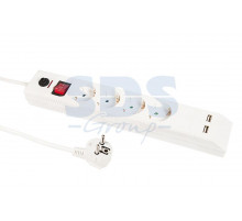 Сетевой фильтр REXANT 4 гнезда 1.4м 3X1мм² белый с заземлением, выключателем и двумя USB разъемами