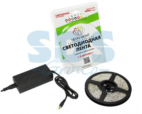 LED лента открытая, IP23, SMD 5050, 60 диодов/метр, 12 В, цвет светодиодов красный, 5 метров в блистере, с блоком питания 72 Вт NEON-NIGHT