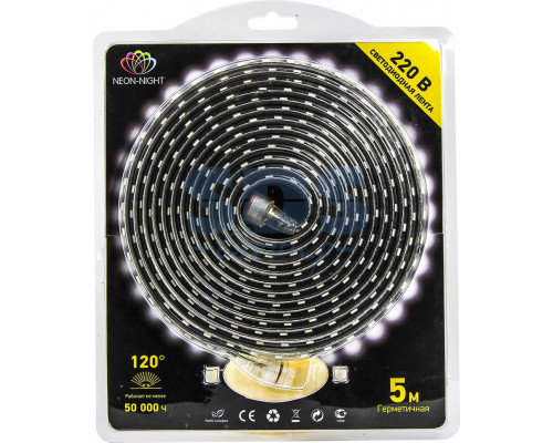 Светодиодная лента влагозащищенная 220В, 60 SMD5050/метр, цвет синий, блистер 5 метров Neon-Night