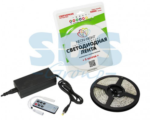 LED лента открытая, IP23, SMD 5050, 60 диодов/метр, 12 В, цвет светодиодов RGB, 5 метров в блистере, с блоком питания 72 Вт и миниконтроллером NEON-NIGHT