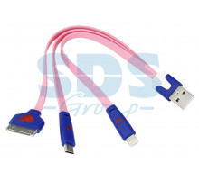 USB кабель 3 в 1 светящиеся разъемы для iPhone 5/4/microUSB шнур 0.15М розовый