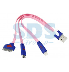 USB кабель 3 в 1 светящиеся разъемы для iPhone 5/4/microUSB шнур 0.15М розовый