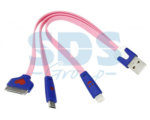 USB кабель 3 в 1 светящиеся разъемы для iPhone 5/4/microUSB шнур 0.15М розовый