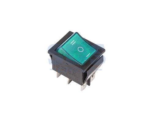 Выключатель клавишный 250V 15А (6с) ON-OFF-ON зеленый с подсветкой и нейтралью (RWB-509, SC-767)