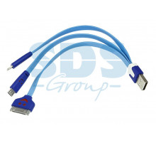 USB кабель 3 в 1 светящиеся разъемы для iPhone 5/4/microUSB шнур 0.15М синий