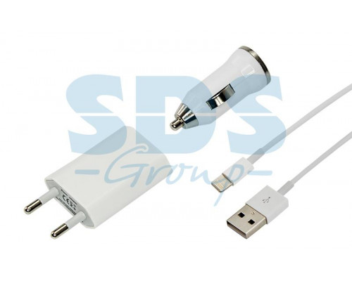 Комплект: СЗУ, АЗУ, USB кабель для iPhone/iPad USB белое (5V, 1 000mA) блистер