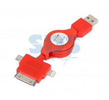 USB кабель-рулетка 3 в 1 для iPhone 5/microUSB/iPhone 4 красный