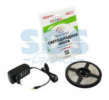 LED лента герметичная, силикон, IP65, SMD 3528, 60 диодов/метр, 12V, цвет желтый, в блистере, с блоком питания 24Вт.